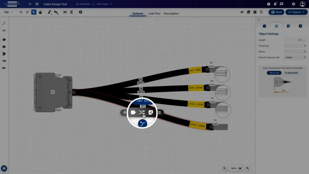 Opening the pinout view by selecting a path and clicking the Link Pins icon in the Cable Design Tool