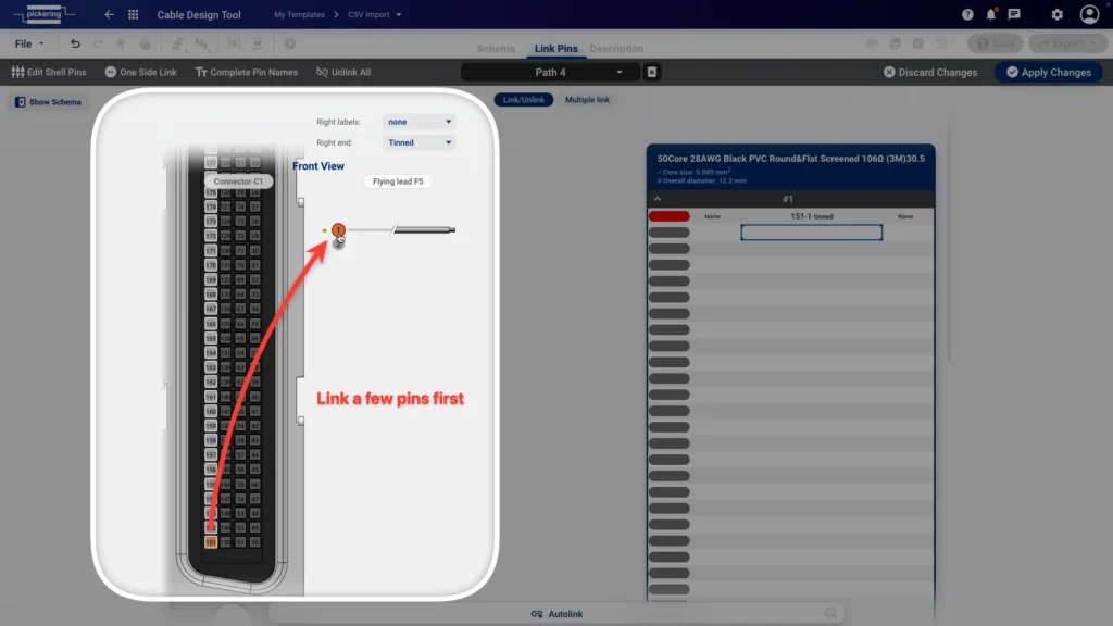 Manually linking pins in the pinout view before exporting a template CSV