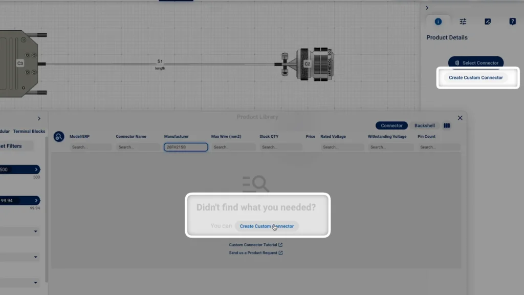 Two ways to create a custom connector in the Cable Design Tool: the filter view button and the right panel button