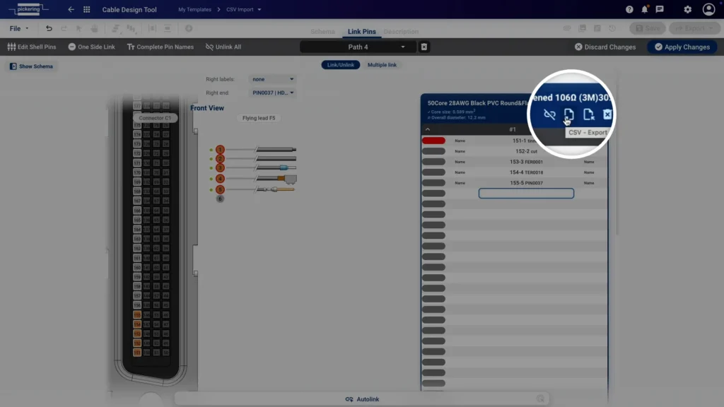 Clicking the Export CSV button at the top of the pinout table