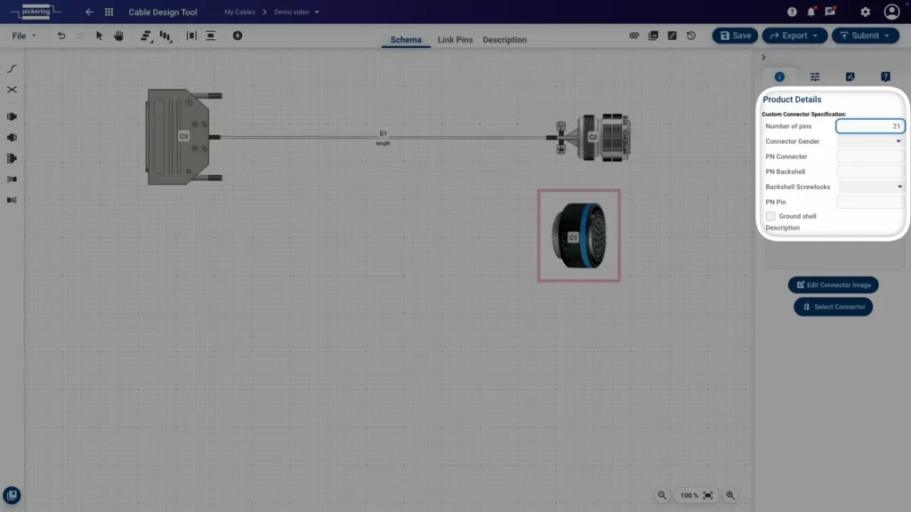 Entering number of pins, gender and part number for a custom connector in the Cable Design Tool