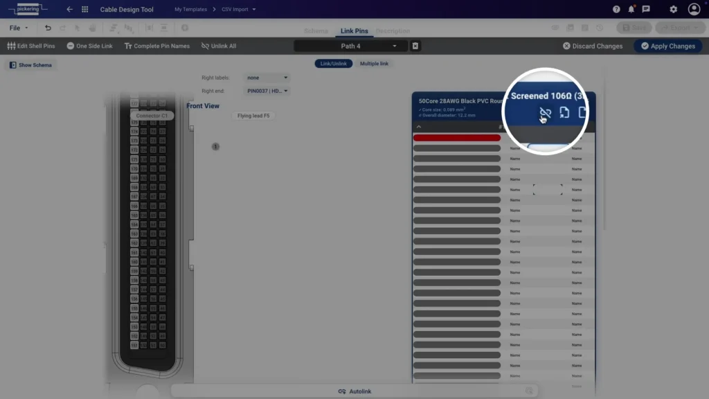 The pinout view with all wires unlinked, ready for CSV import