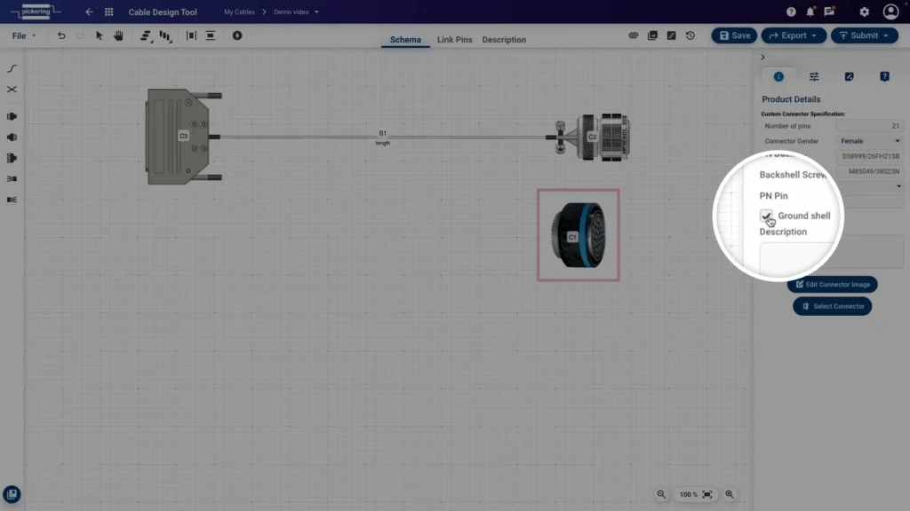Selecting ground shell and adding backshell part number details for a custom connector