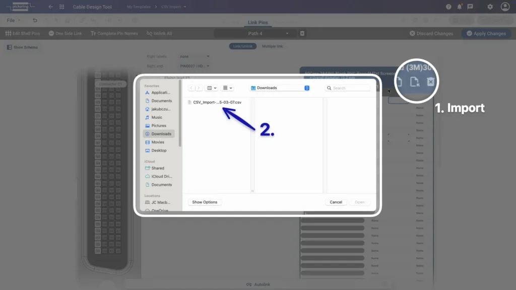 Clicking the CSV Import button and selecting the file in the Cable Design Tool