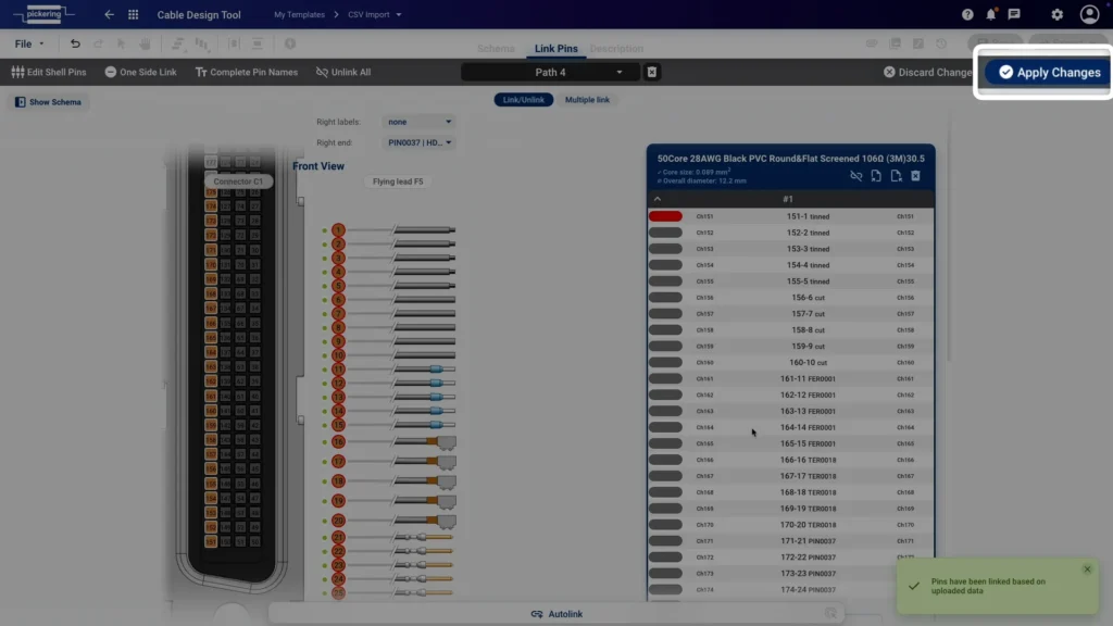 The pinout view after a successful CSV import in the Cable Design Tool
