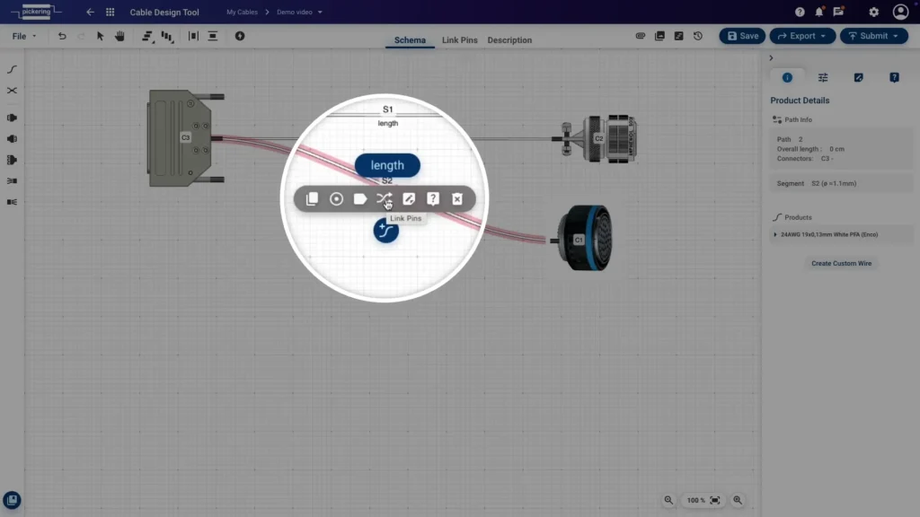 Opening the pinout view by selecting a wire and clicking Link Pins in the Cable Design Tool