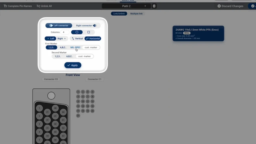 Selecting MIL-SPEC standard pin naming for a circular connector in the pinout view