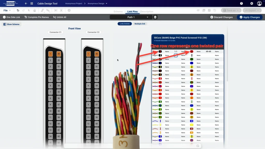 Working with a 50-core twisted pair cable from 3M in the pinout view