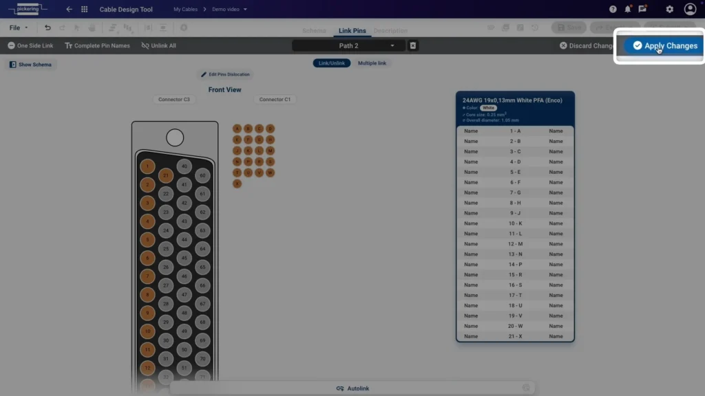 Clicking Apply changes to save the linked custom connector pinout